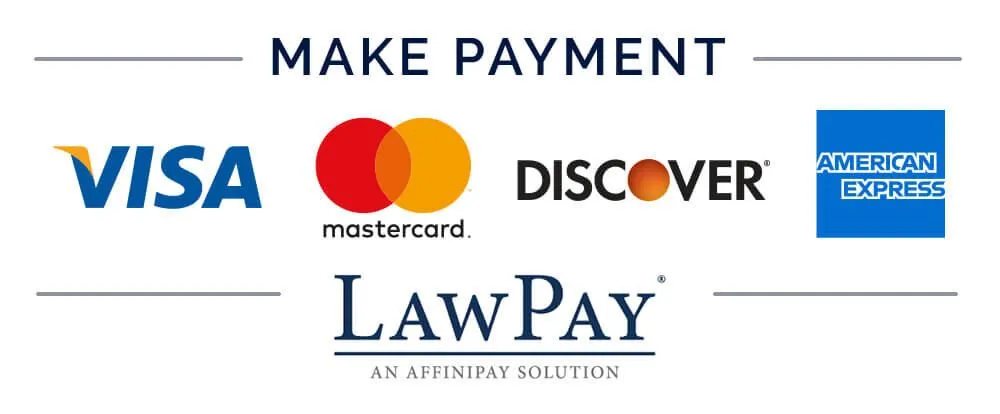Accepted payment methods, including Visa, Mastercard, Discover, American Express, and LawPay
